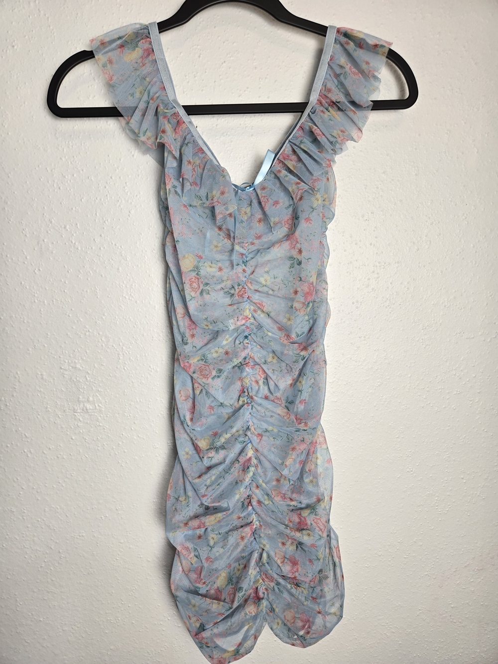 Light Blue Floral Ruffle Ruched Dress Sheer - Picture 1 of 4